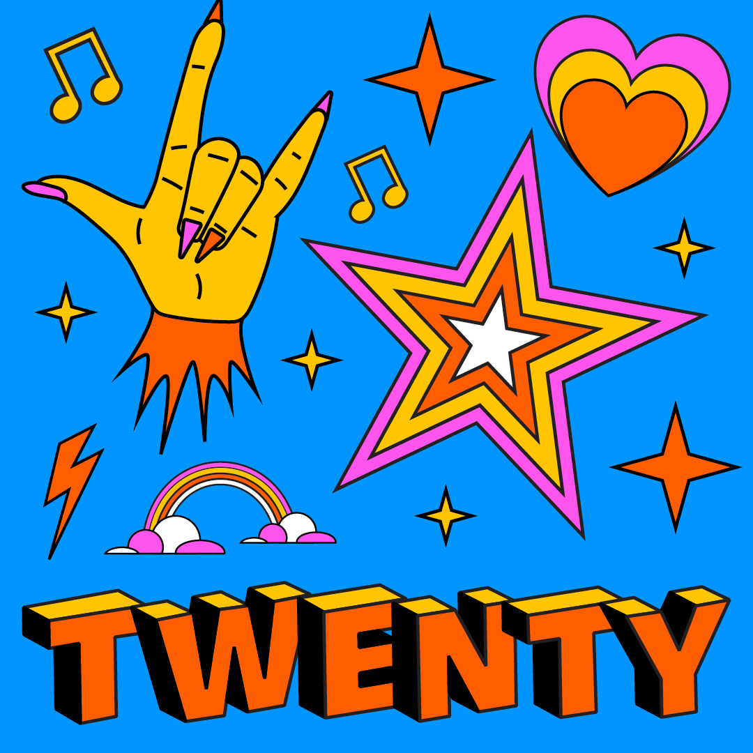 Pattern of festival illustrations: rock-on hand, star, heart and music notes on blue