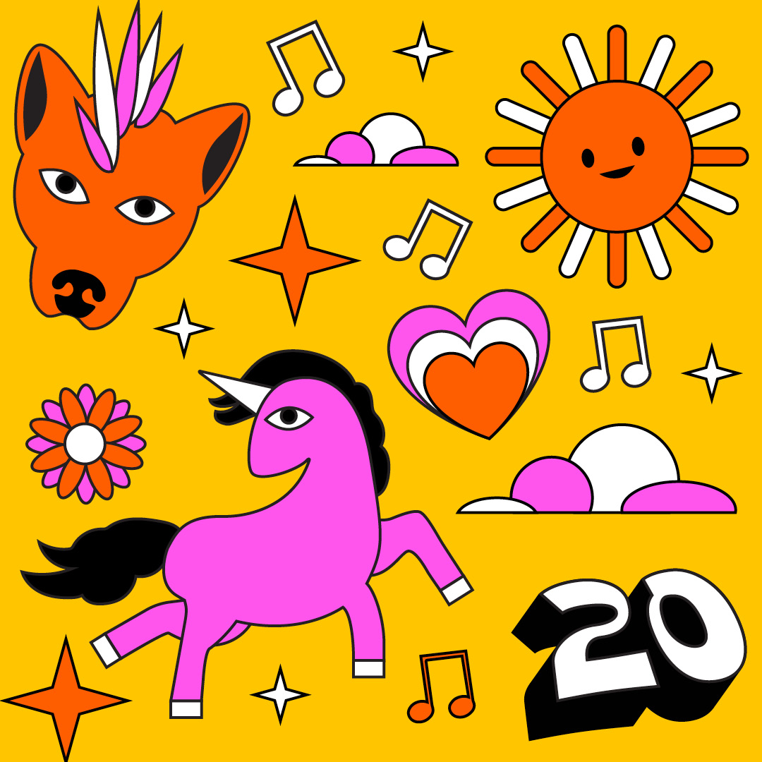 Illustrated unicorn, sun and fox characters on yellow