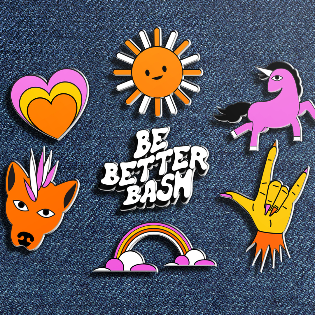Set of Be Better Bash pins: logo, sun, unicorn, heart and rock-on hand
