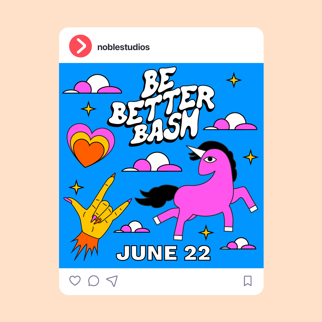 Social post with a rocking unicorn illustration and the Be Better Bash logo