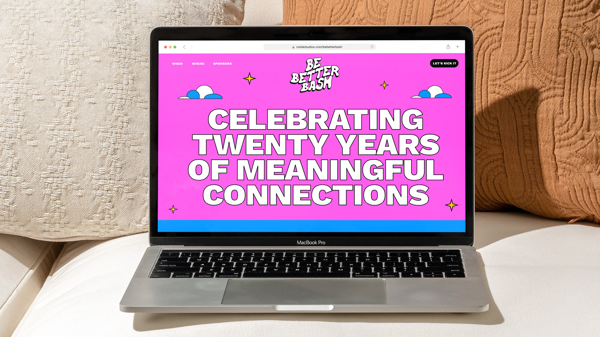 Laptop showing the Be Better Bash site: 'Celebrating twenty years of meaningful connections'