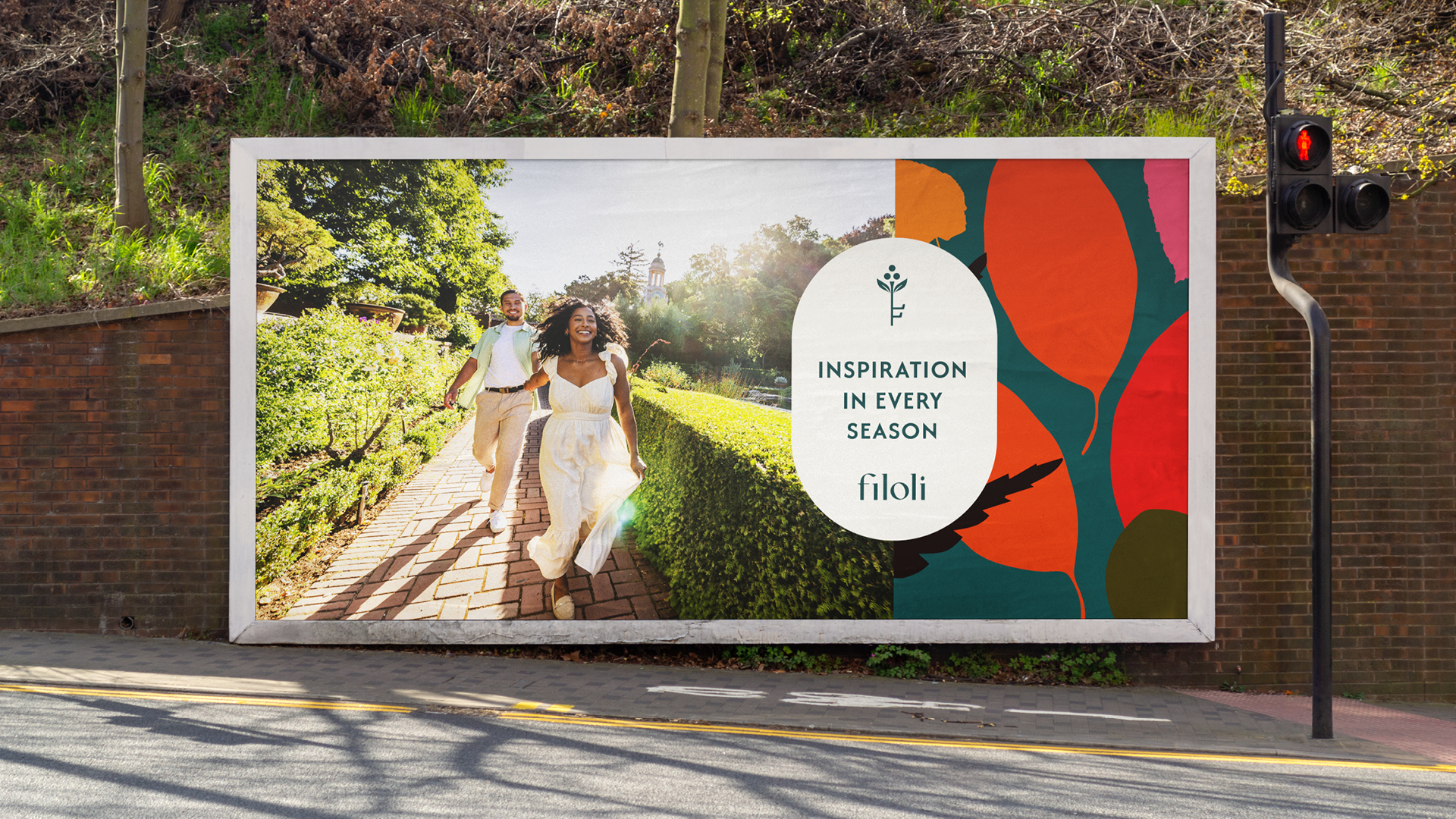 Billboard pairing a garden visitor photo with Filoli's seasonal leaf illustrations