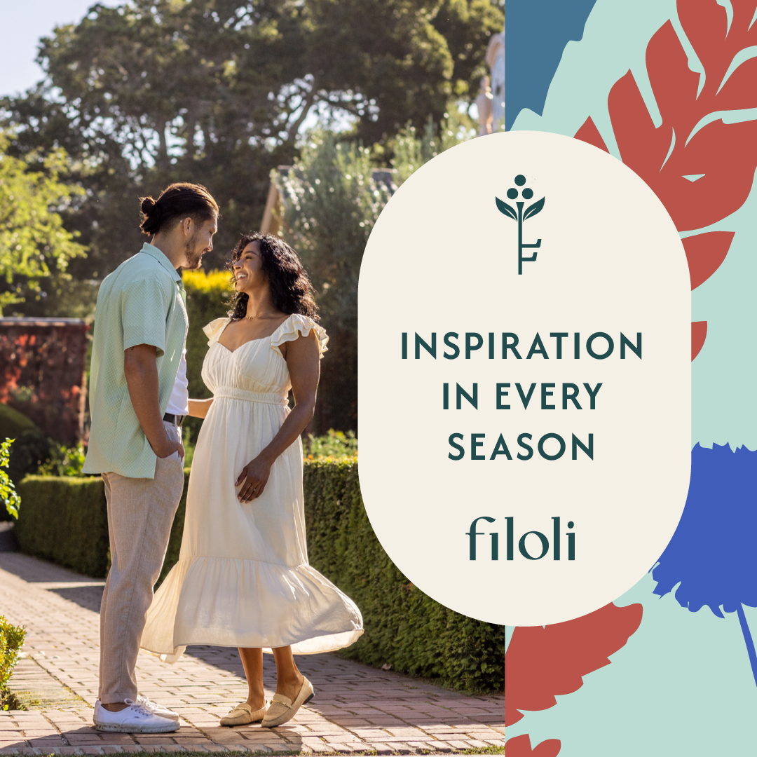Couple in Filoli's gardens beside an 'Inspiration in Every Season' brand panel