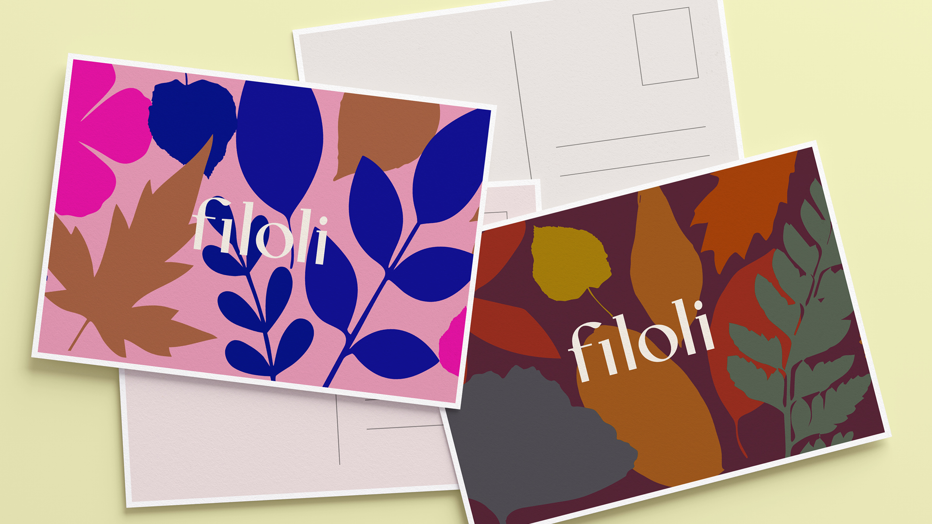 Filoli postcards with blue and green leaf illustrations