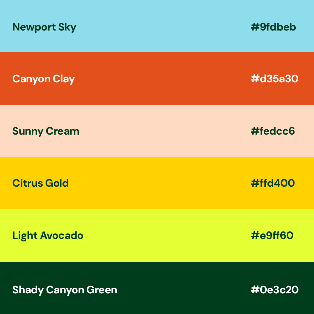 Irvine brand color palette: Irvine Clay, Sunny Cream, Citrus Gold and Light Avocado