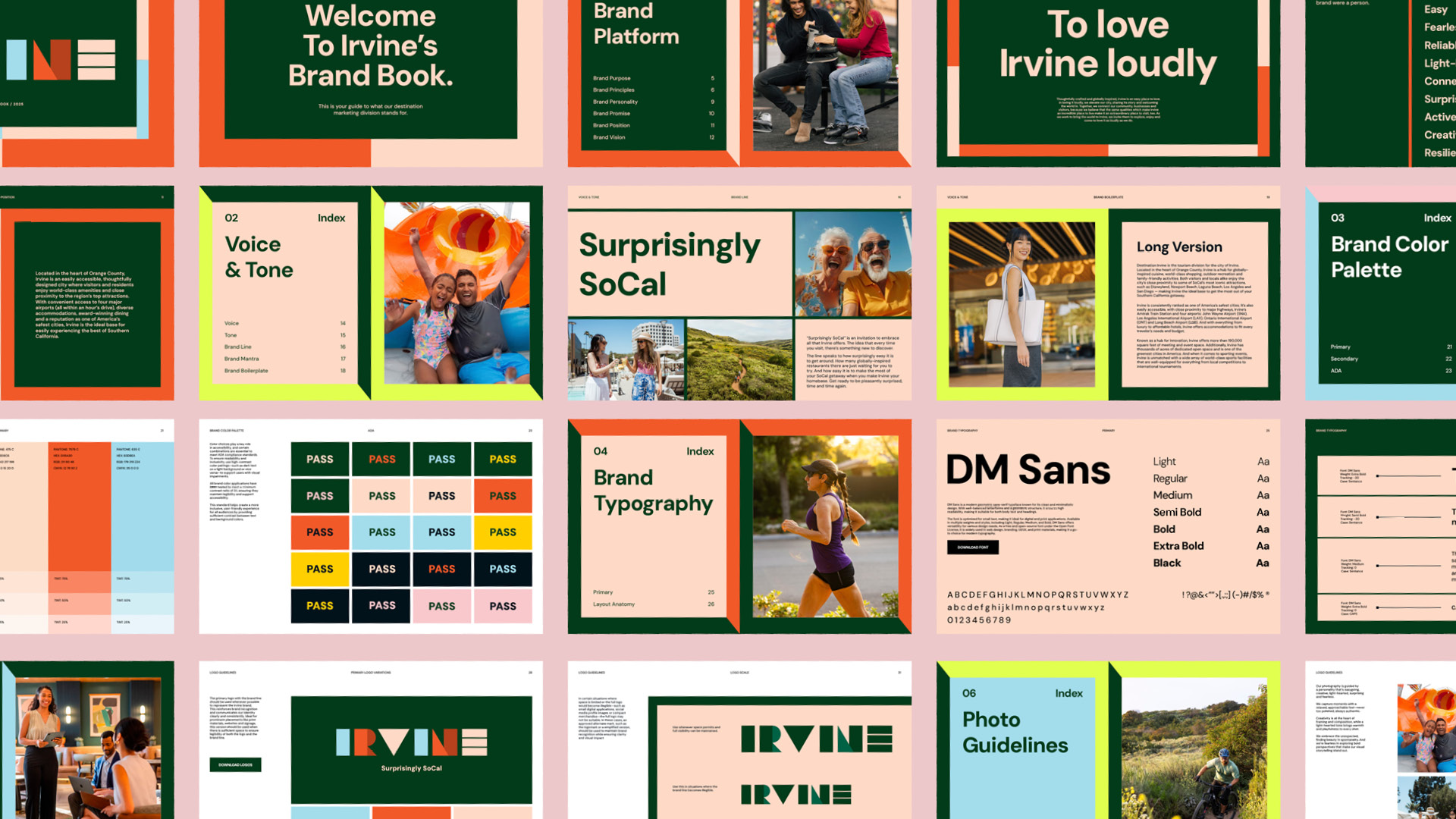 Irvine brand guideline spreads showing typography, color and photography