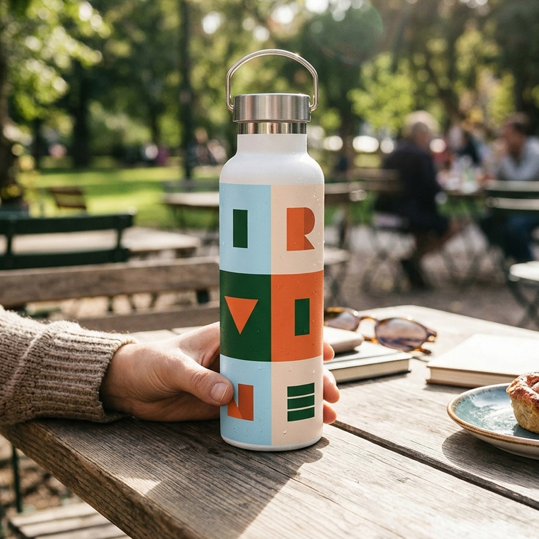 Water bottle with Irvine's modular pattern on an outdoor cafe table