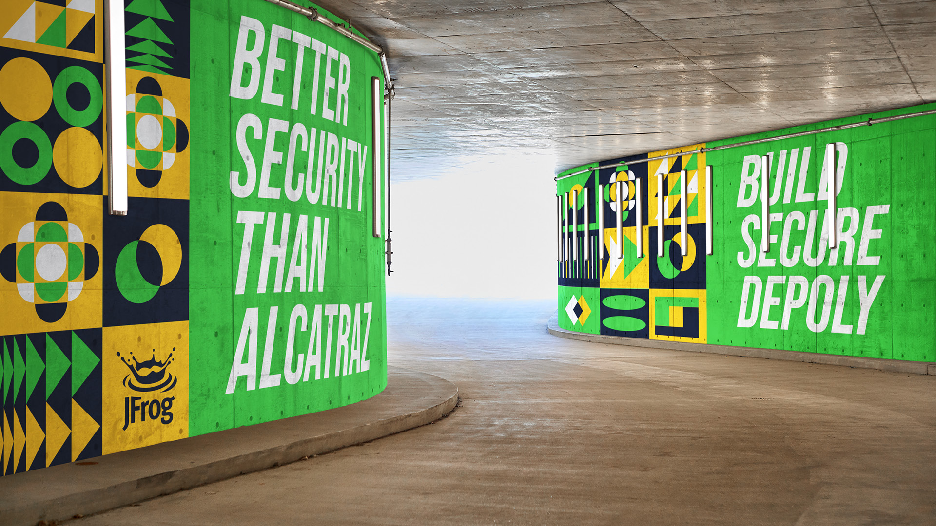 Parking garage takeover with JFrog green graphics and 'Build secure deploy' messaging