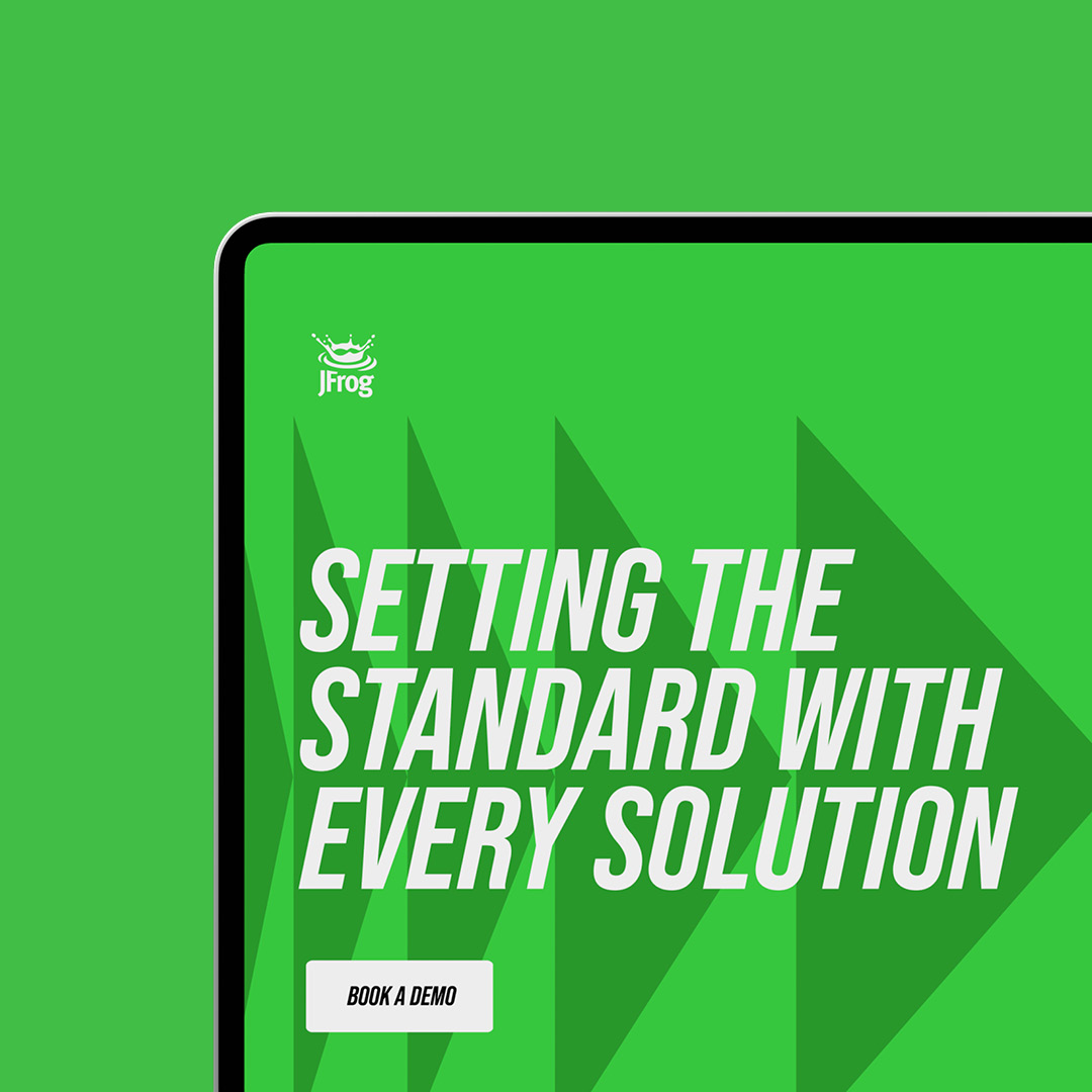 Tablet showing a JFrog ad: 'Setting the standard with every solution'