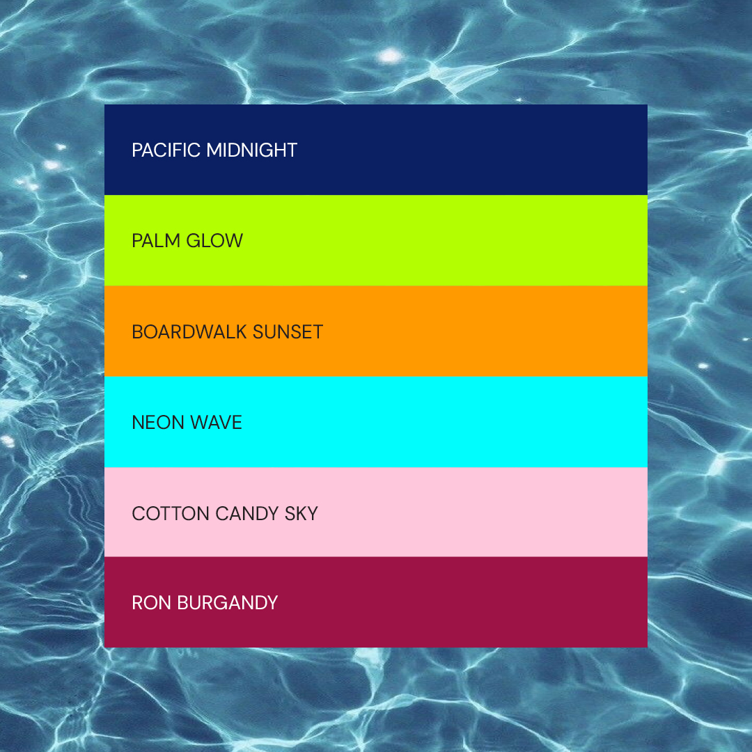 Santa Monica color palette: Pacific Midnight, Palm Glow, Boardwalk Sunset, Neon Wave and Cotton Candy Sky