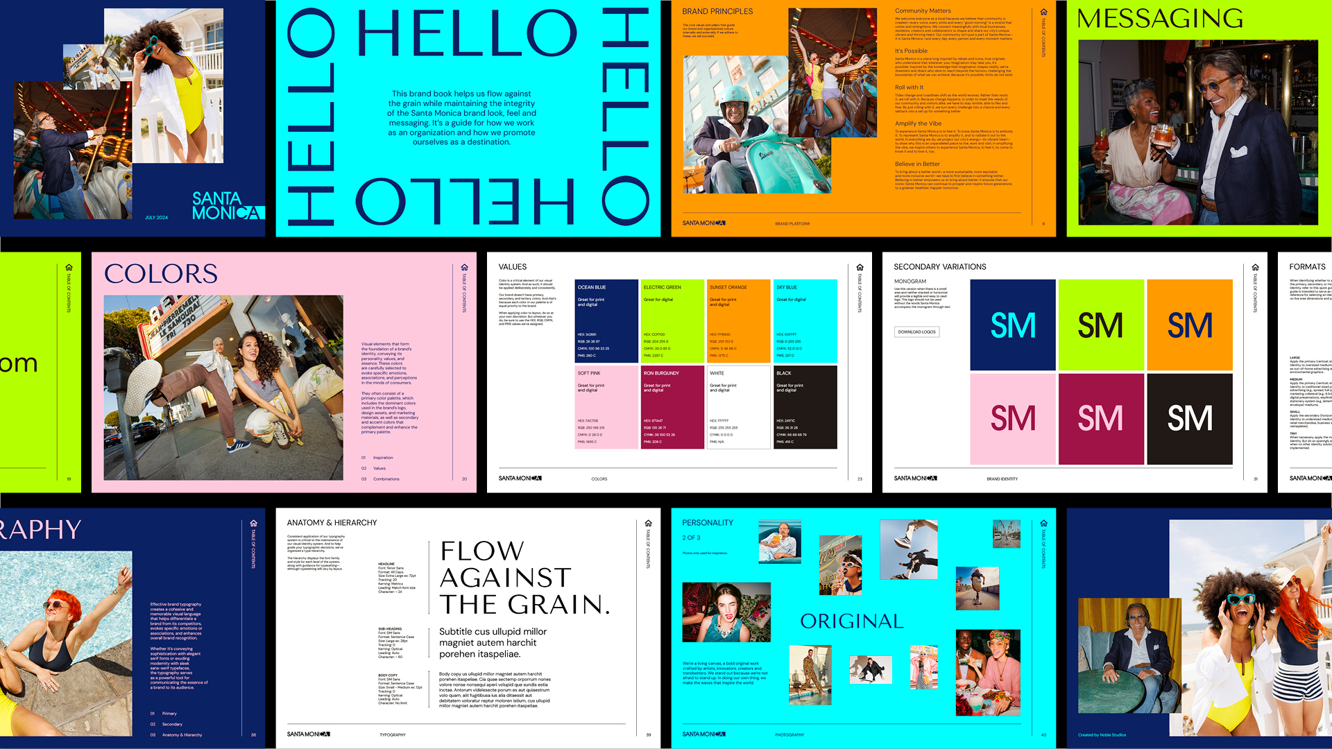 Brand guideline spreads showing Santa Monica's typography, color and layouts