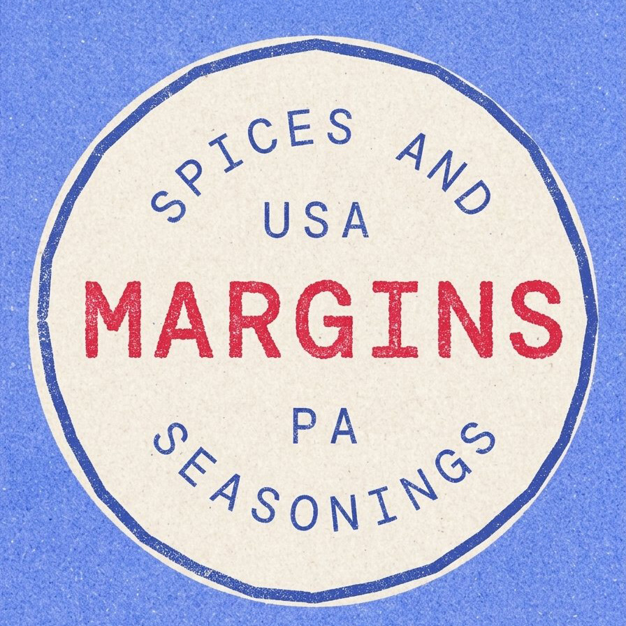 Close-up of the circular Margins stamp in red and blue: Spices and Seasonings, USA, PA, on cream paper over blue